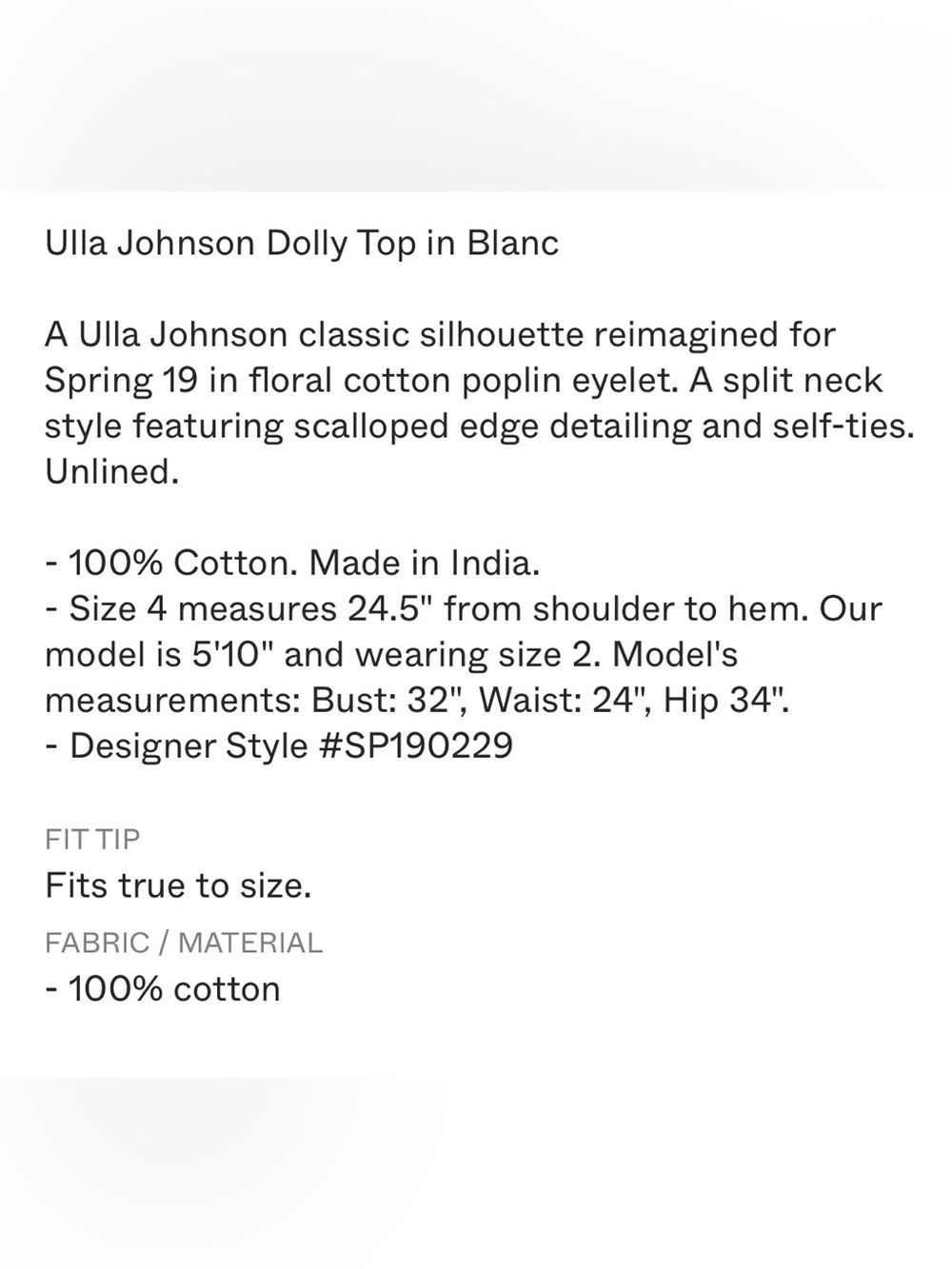 Ulla Johnson Dolly Top Blouse White Cotton Eyelet Tassel Tie Size 6 - Picture 16 of 16